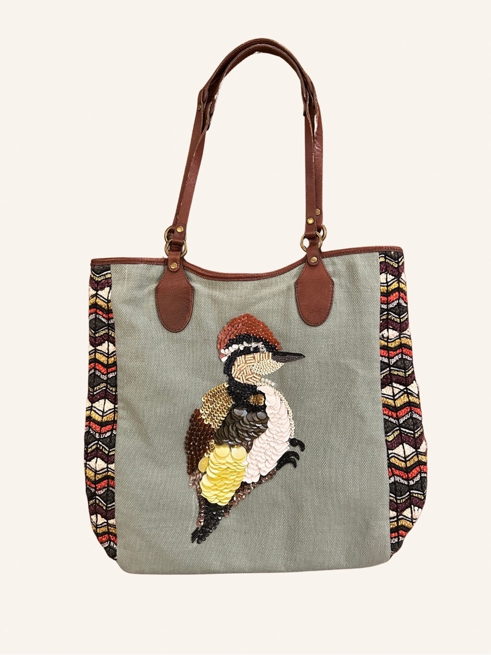 Anthropologie Jasper & Jeers Beaded Bird Tote Bag Leather Handles